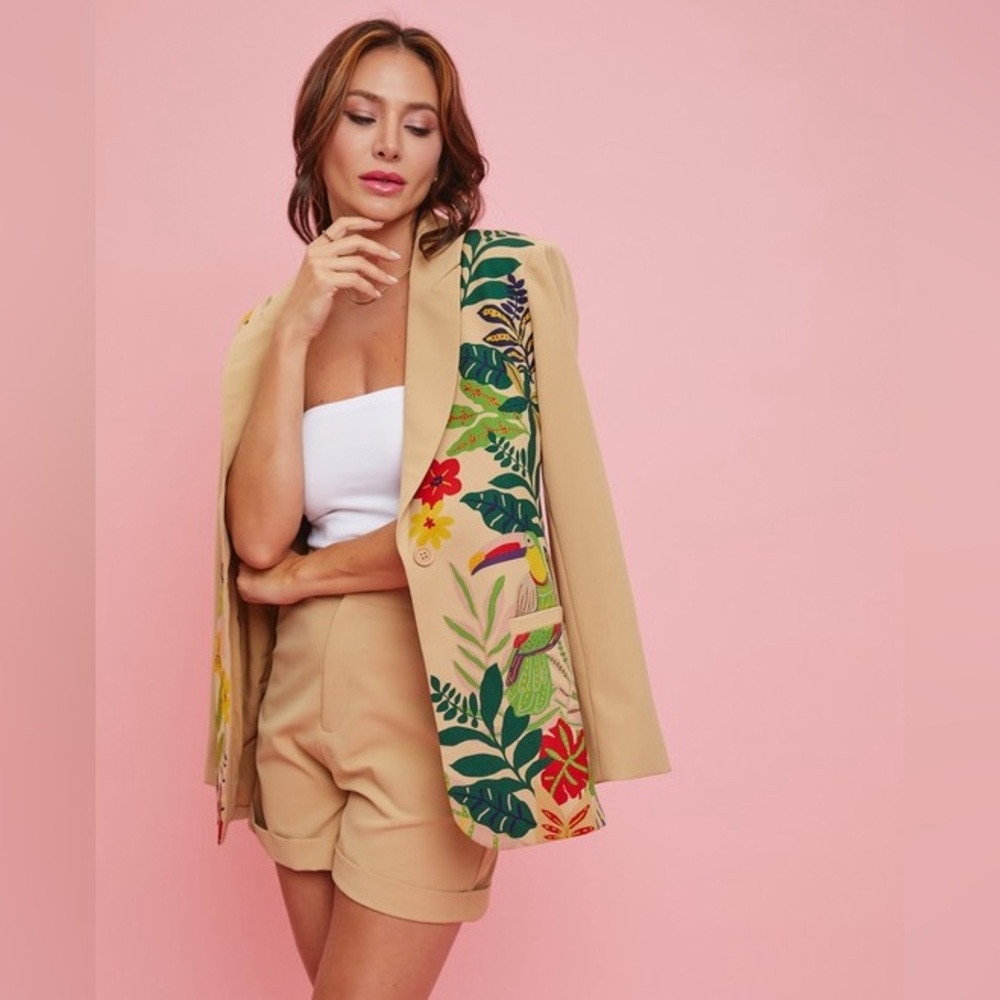 Tropical Print Blazer Jacket and Short Set in Tan
